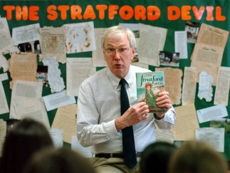 CT POST / Brian A. Pounds 5/24/06 / Author and Stratford native Claude Clayton Smith discusses his novel "The Stratford Devil" with students at Wooster Middle School in Stratford. The novel is a fictionalized account of Goody Bassett, the second woman to be hanged as a witch in colonial America.